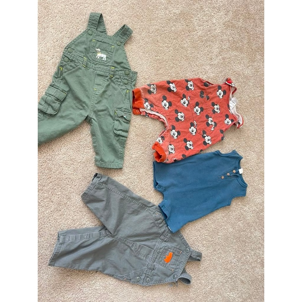 Carter's Disney Pi Baby‎ Boy Lot 6-9M Overalls Mickey Mouse Romper Waffle Knit